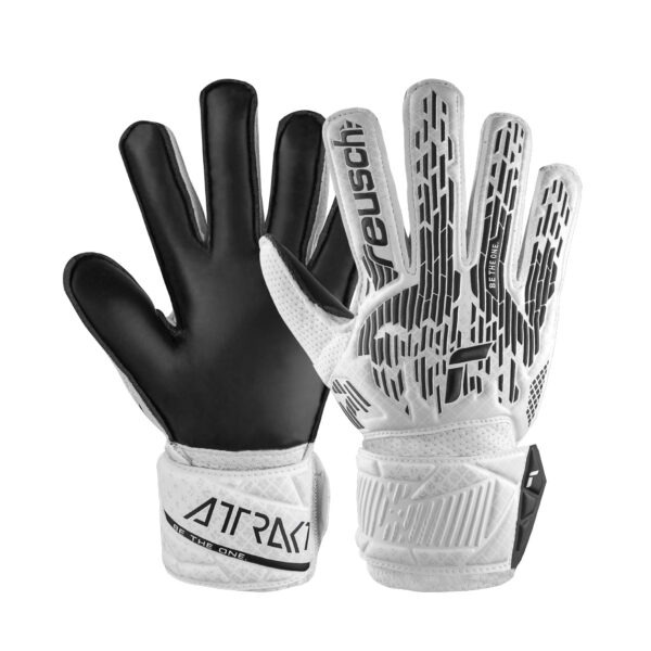 Reusch Attrakt Solid Black/White goalkeeper gloves showing the black Reusch Solid latex palm and white and black backhand design.