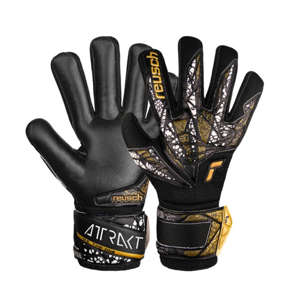 Reusch Attrakt Gold NC Finger Support goalkeeper gloves showing the black Gold latex palm, negative cut, and backhand with Finger Support spines.