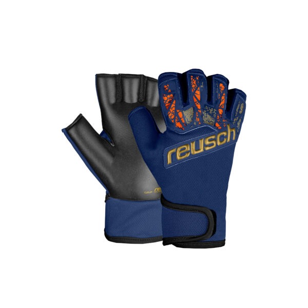Reusch Futsal Grip goalkeeper gloves showing the palm and backhand in blue, gold, and black for futsal goalkeepers.