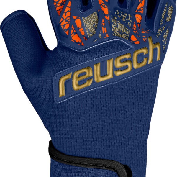 Backhand view of the Reusch Futsal Grip goalkeeper glove in blue, gold, and black with latex finger protection and adjustable wrist strap for futsal.