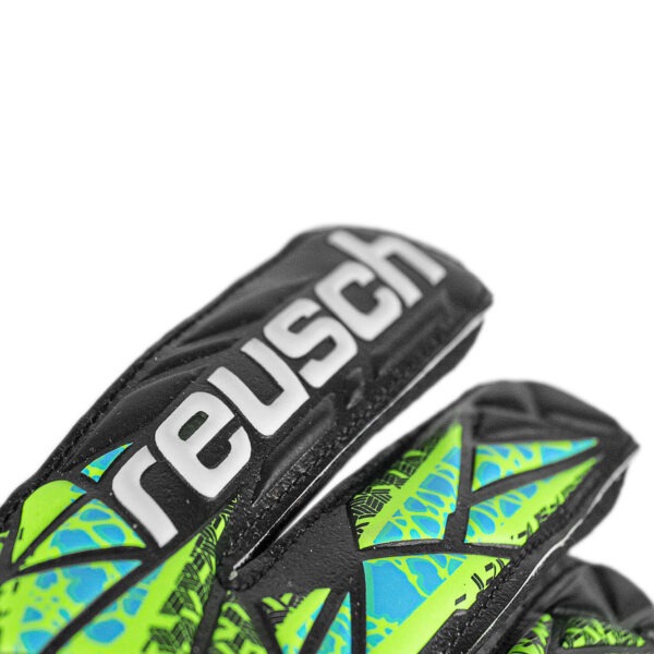 Close-up of the Reusch Attrakt Starter Black/Lime goalkeeper glove showing the embossed Reusch branding and textured black, lime, and blue backhand design.