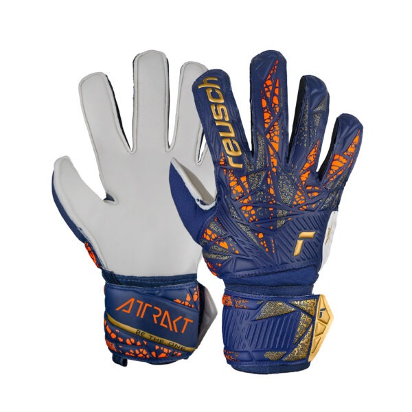 Reusch Attrakt Solid goalkeeper gloves showing the grey latex palm and navy, orange, and gold backhand design with elastic wrist strap.