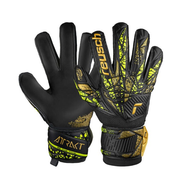 Reusch Attrakt Infinity Support goalkeeper gloves showing the black latex palm and black, gold, and fluorescent yellow backhand design with support wrist strap.