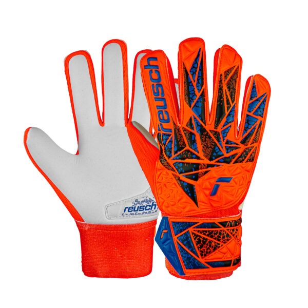 Reusch Attrakt Starter Grip goalkeeper gloves showing the palm and backhand with orange, blue, and black design.