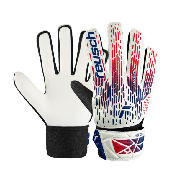 Reusch Attrakt Solid Junior Croatia goalkeeper gloves showing the palm and backhand with white, blue, and red design for junior goalkeepers.