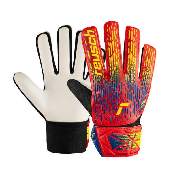 Reusch Attrakt Solid Junior Spain goalkeeper gloves showing the palm and backhand with red, yellow, and blue design for junior goalkeepers.