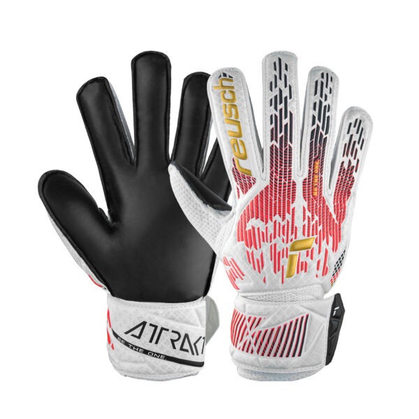 Reusch Attrakt Solid Germany goalkeeper gloves showing the black Reusch Solid latex palm and white, red, and gold backhand design.