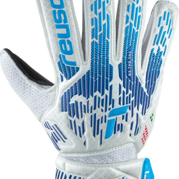 Reusch Attrakt Solid Italy goalkeeper gloves showing the black Reusch Solid latex palm and white and blue backhand design inspired by the Italy national colours.