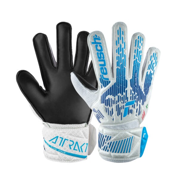 Reusch Attrakt Solid Italy goalkeeper gloves showing the black Reusch Solid latex palm and white and blue backhand design inspired by the Italy national colours.