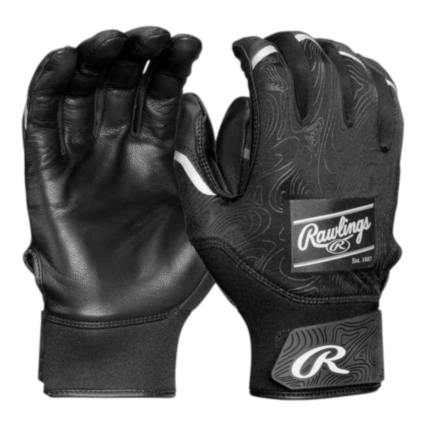 Rawlings Clout black leather baseball batting gloves with neoprene wrist cuff for adult and youth players.