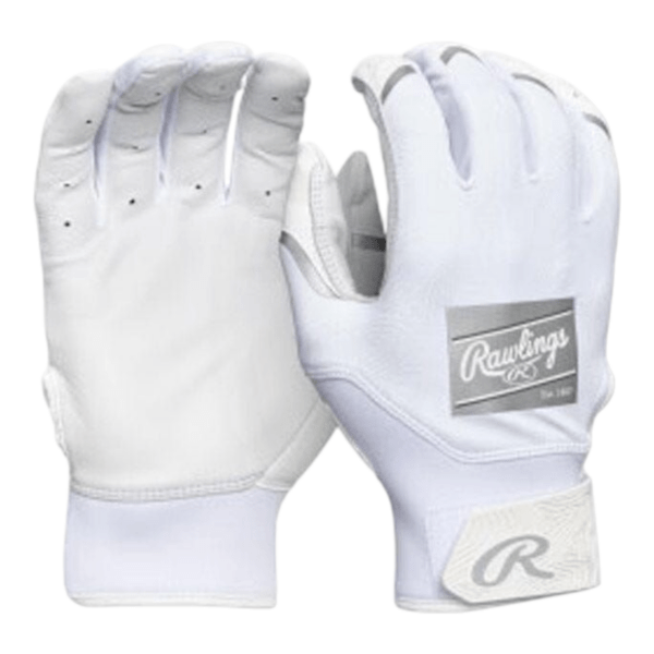 Rawlings Clout white leather baseball batting gloves with neoprene wrist cuff for adult and youth players.