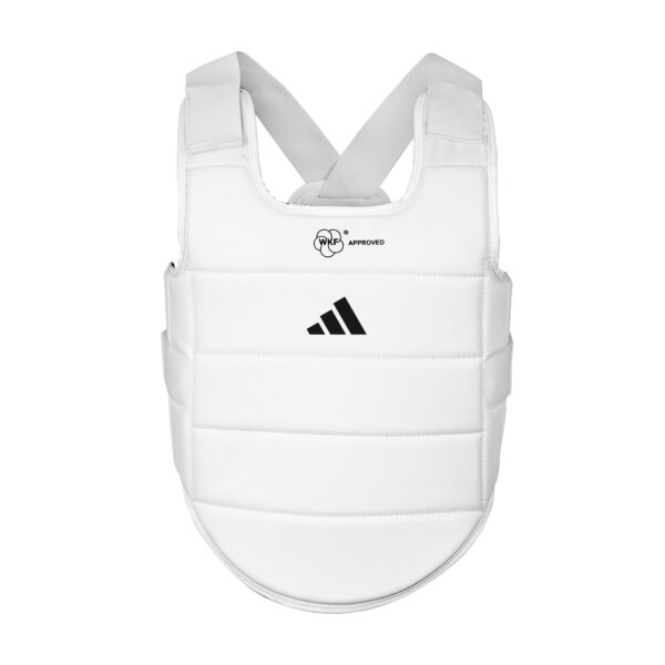 Adidas WKF Approved white karate chest guard with lightweight padded protection for competition and training.