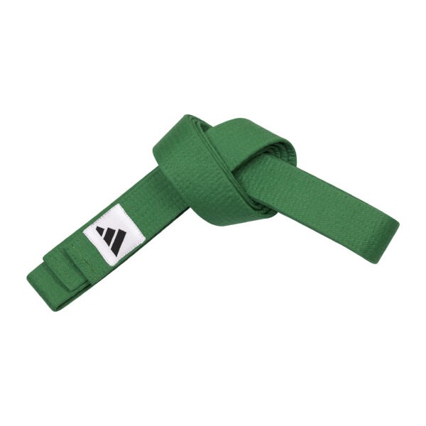 Adidas Club green karate belt tied in a knot for karate training and grading with embroidered Adidas logo.