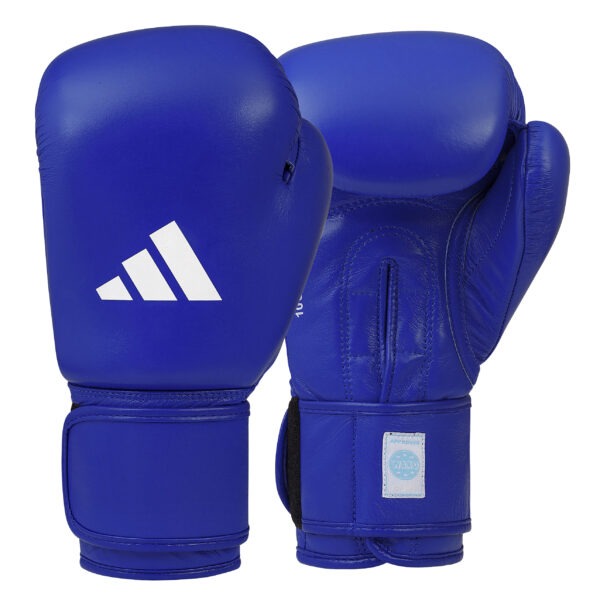 Front and palm view of the Adidas WAKO Competition boxing gloves in blue with hook-and-loop wrist closure, attached thumb, and WAKO approved label.