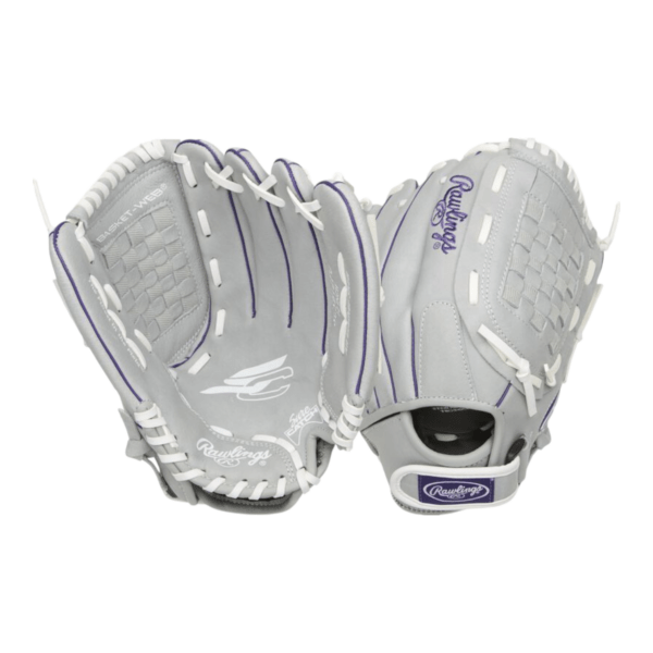 Rawlings Sure Catch 12-inch grey softball fielder mitt with basket web for right-hand throw players.