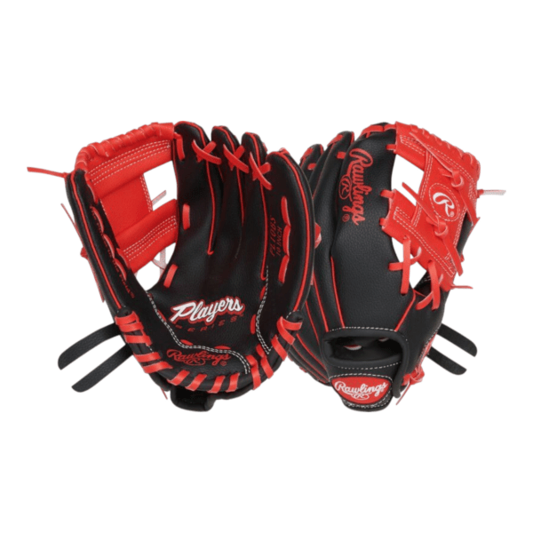 Rawlings Players Series 10-inch black and red youth baseball fielder mitt for right-hand throw players.