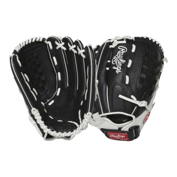 Rawlings Shut Out 11.5-inch black softball fielder mitt with basket web and white lacing for right-hand throw players.