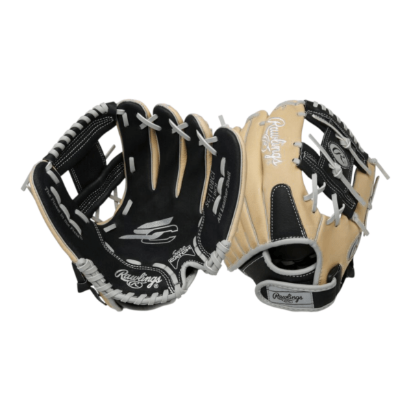 Rawlings Sure Catch 11-inch camel and black youth baseball fielder mitt with Pro I web for right-hand throw players.
