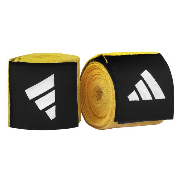 Pair of Adidas 4.5m hand wraps in yellow shown rolled and partially unwrapped with hook-and-loop fastening and Adidas logo.