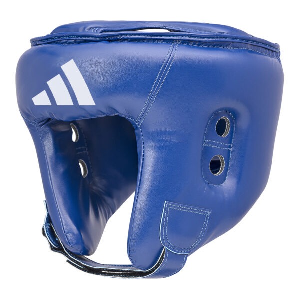 Front angled view of the Adidas boxing head guard in blue featuring padded cheek protection, ventilation eyelets, and Adidas logo.