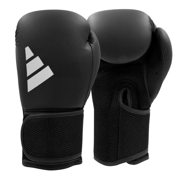 Front and palm view of the Adidas Hybrid 25 boxing gloves in black featuring breathable mesh palm, hook-and-loop wrist closure, and attached thumb design.