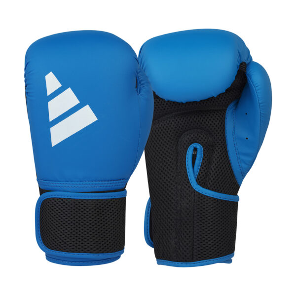 Front and palm view of the Adidas Hybrid 25 boxing gloves in blue and black featuring breathable mesh palm, hook-and-loop wrist closure, and attached thumb design.