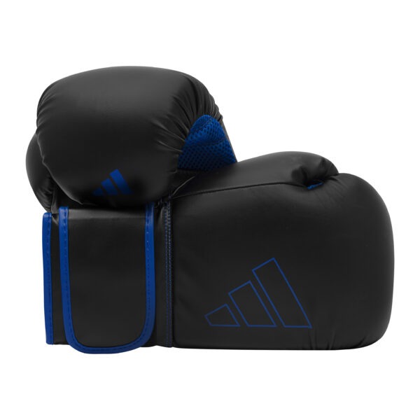Pair of Adidas Hybrid 80 boxing gloves in black and blue featuring hook-and-loop wrist closure, breathable mesh palm, and attached thumb design.