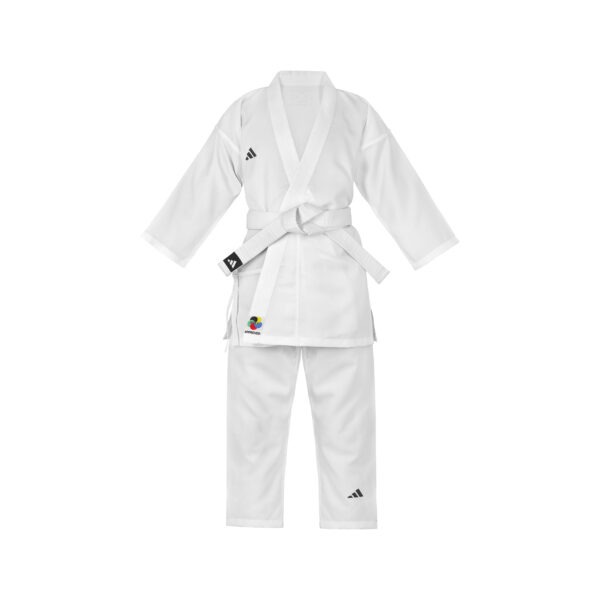 Adidas K150 Kids WKF Approved white karate suit with lightweight polyester fabric for kumite training and junior competition.