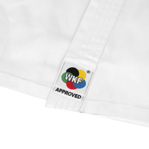 Close-up of the Adidas K200 WKF Approved karate suit showing the official World Karate Federation (WKF) certification label.