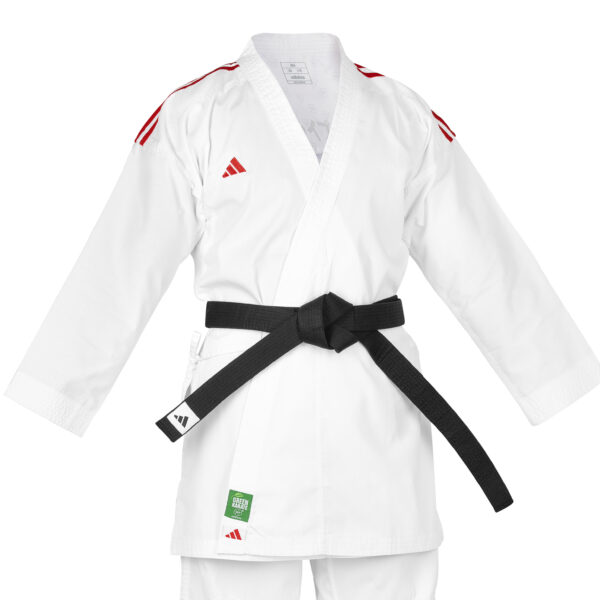 Adidas K220 DNA WKF Approved white karate uniform with red shoulder stripes for kumite competition and training.
