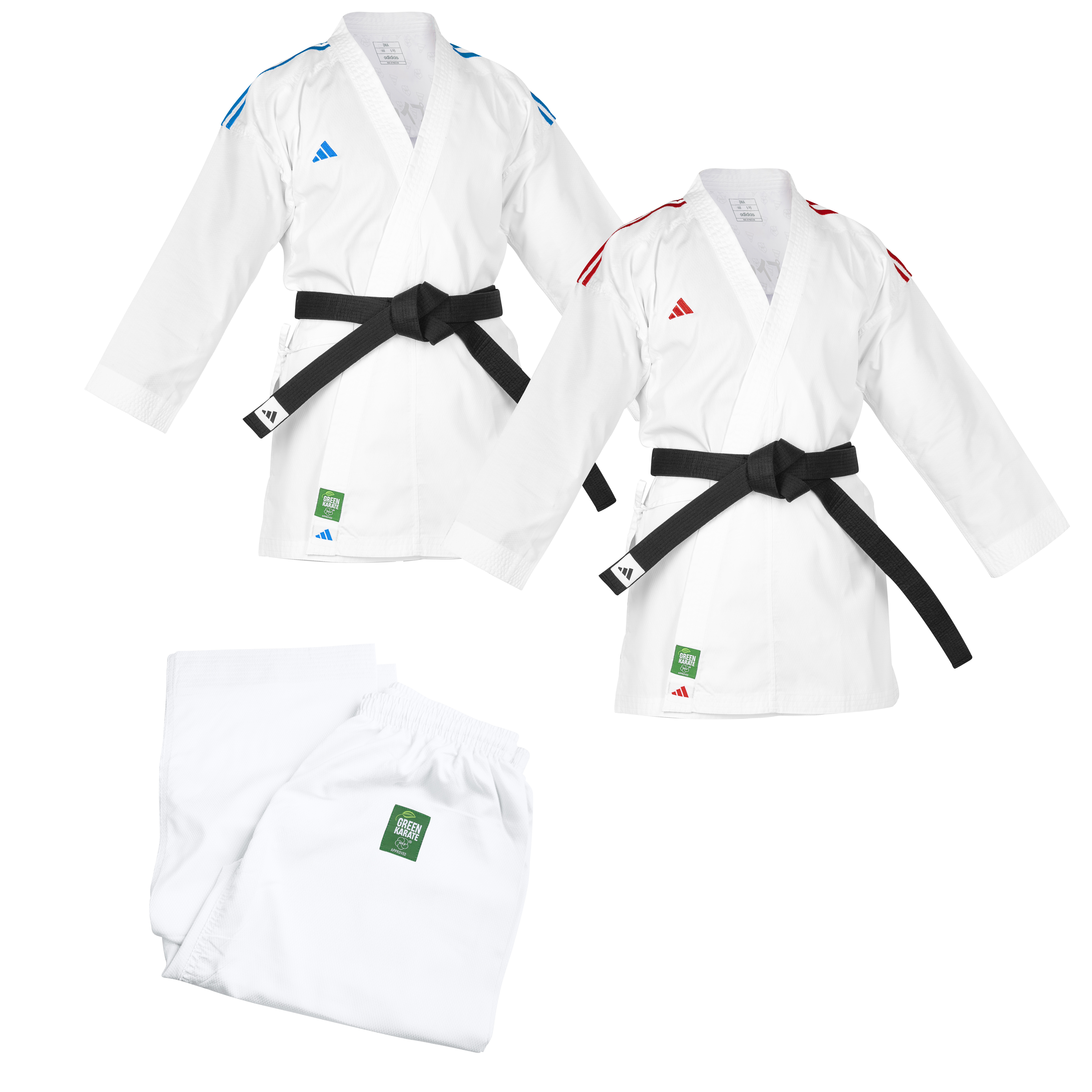 Adidas K220 DNA WKF Approved white karate uniforms with blue and red shoulder stripe options, including matching karate pants for kumite competition and training.