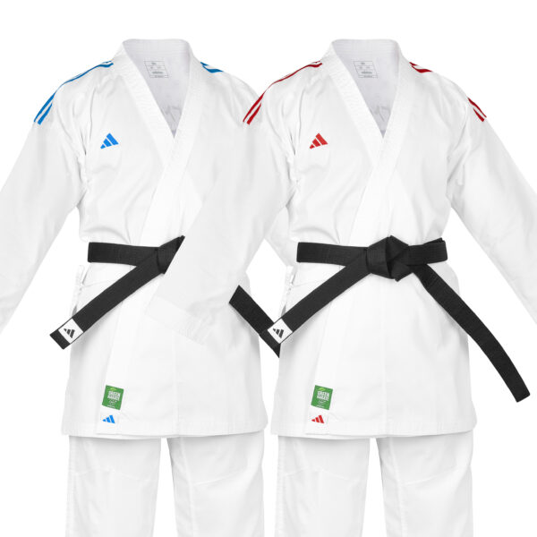 Adidas K220 DNA WKF Approved karate uniforms with blue and red shoulder stripes for kumite competition and training.