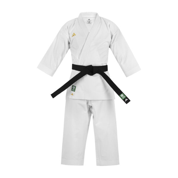 Adidas K300 WKF Approved white karate uniform with lightweight fabric for kumite competition and training.