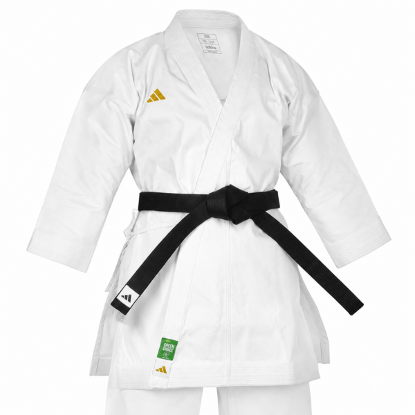 Adidas K999 Shori WKF Approved white karate uniform with gold Adidas logo for kumite competition and training.