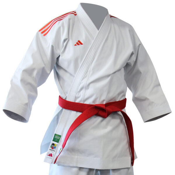 Adidas K999 Shori WKF Approved white karate uniform with red shoulder stripes for kumite competition and training.