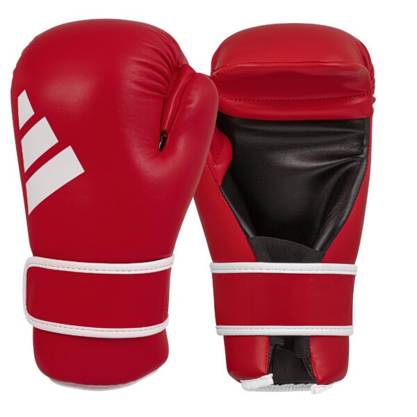 Front and rear view of the Adidas kickboxing point fighting gloves in red with hook-and-loop wrist strap and padded open-palm design.