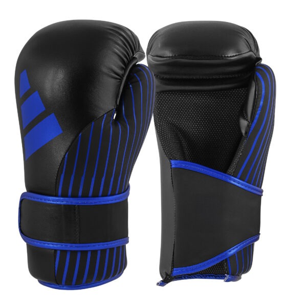 Front and rear view of the Adidas kickboxing point fighting gloves in black and blue with hook-and-loop wrist strap and padded open-palm design.