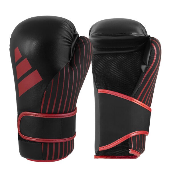 Front and rear view of the Adidas kickboxing point fighting gloves in black and red with hook-and-loop wrist strap and padded open-palm design.