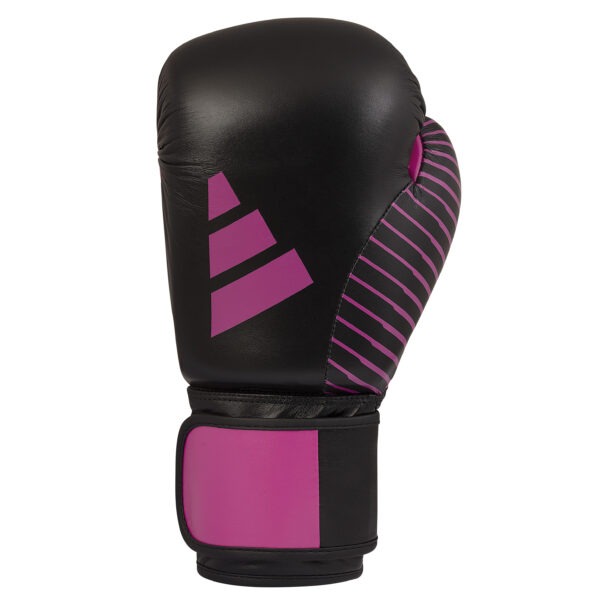Front view of the Adidas WKF 200 kickboxing glove in black and pink with hook-and-loop wrist strap and Adidas logo.