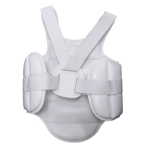 Adidas WKF Approved white kids karate body protector for youth competition and training with lightweight padded protection.