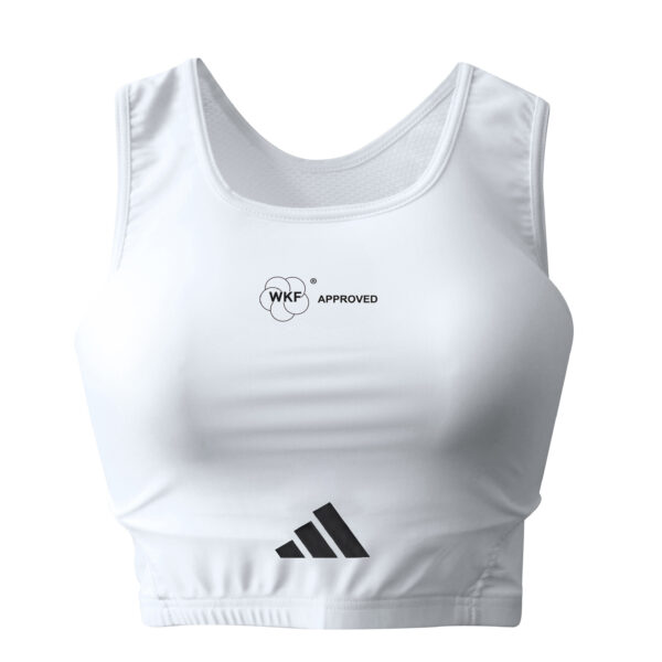 Adidas WKF Approved ladies white karate chest protector (plastron) for female competition and training.