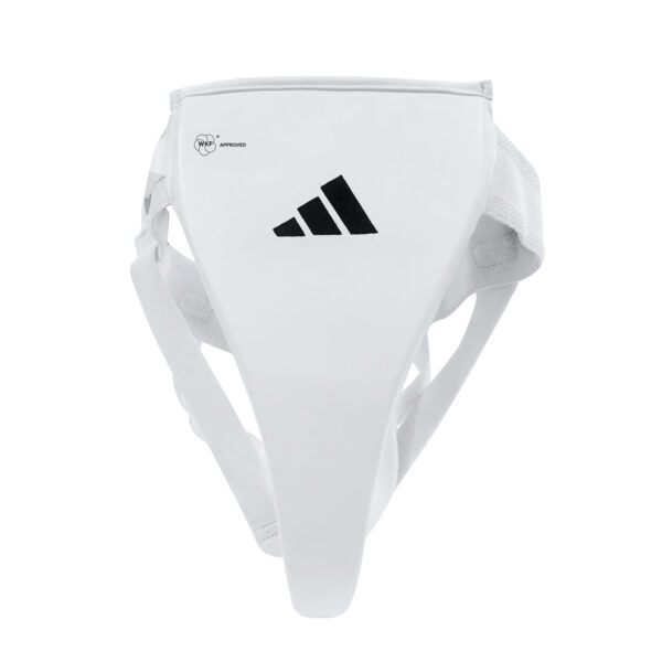 Adidas WKF Approved white ladies karate groin guard with ergonomic protection for competition and training.