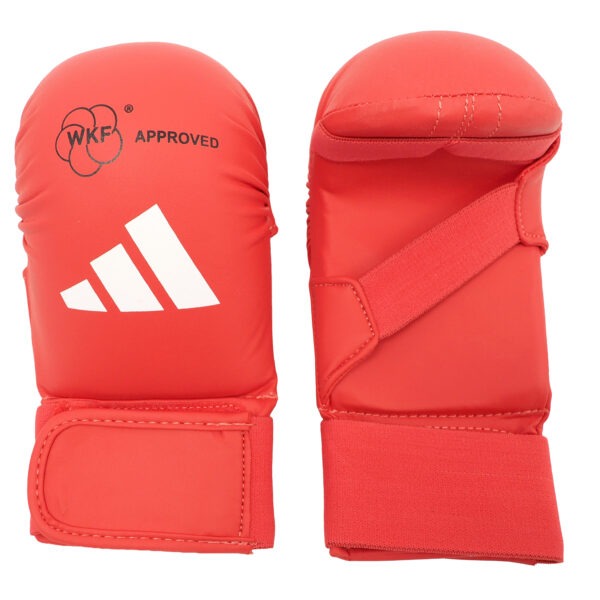 Adidas WKF Approved red karate kumite mitt with secure hook-and-loop wrist strap for karate competition and training.