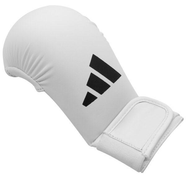 Adidas white karate kumite mitt with secure wrist strap for karate competition and training.