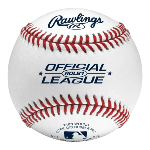 Rawlings Official League ROLB1 baseball with full-grain leather cover, red stitching, and cork and rubber core for game and practice use.