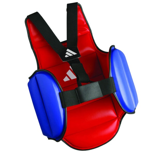 Rear view of the Adidas reversible blue and red karate chest guard showing the adjustable shoulder straps and waist fastening system.