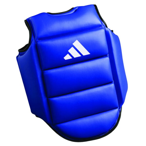 Adidas reversible blue karate chest guard with lightweight padded protection for karate competition and training.