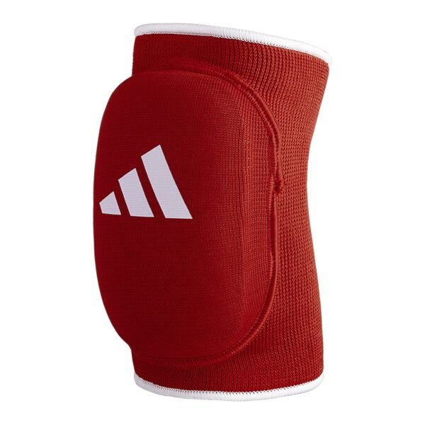 Front view of the Adidas reversible elbow guard in red featuring a padded protective sleeve with Adidas logo.