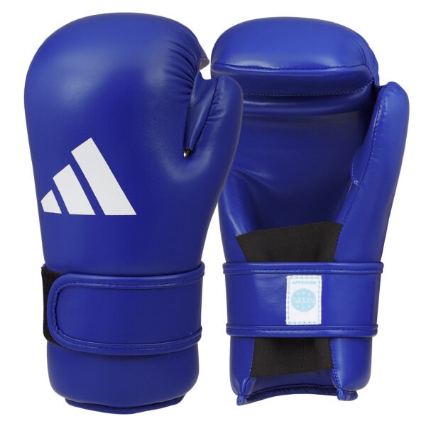 Front and palm view of the Adidas WAKO semi open hand gloves in blue with hook-and-loop wrist closure, open-palm design, and WAKO approved label.
