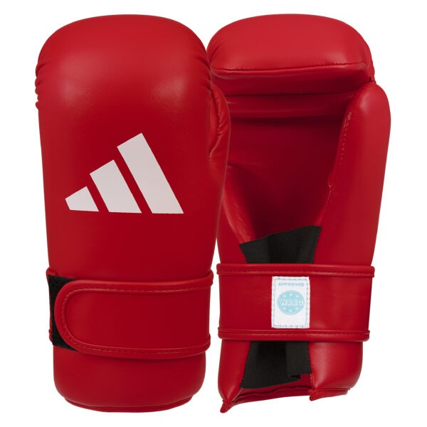 Front and palm view of the Adidas WAKO semi open hand gloves in red with hook-and-loop wrist closure, open-palm design, and WAKO approved label.